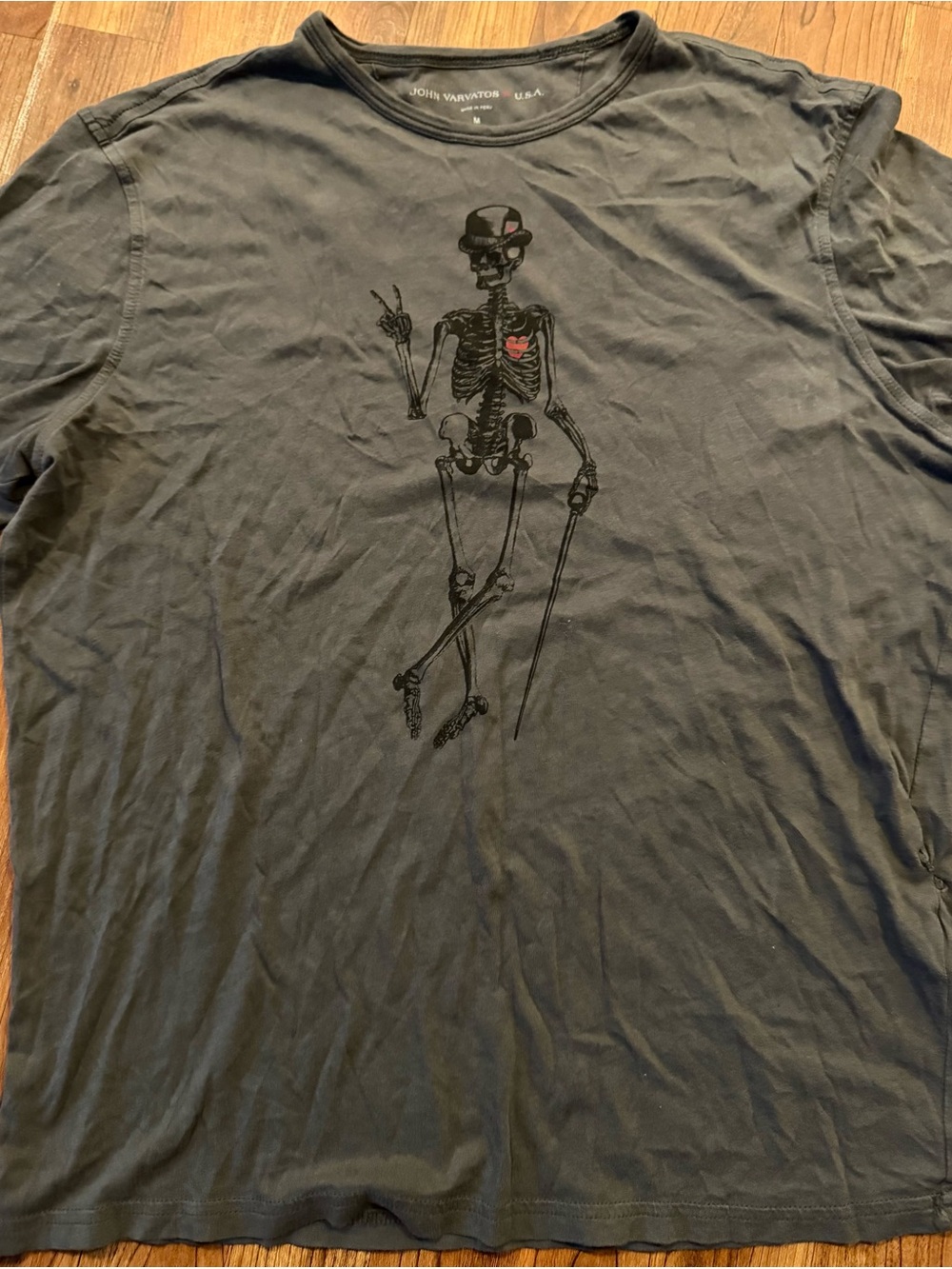 John Varvatos Black Short Sleeve Tee with Skeleton Graphic and Red Heart